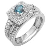 0.75 Carat (ctw) 14k White Gold Round Blue And White Diamond Ladies Bridal Engagement Ring Set with Matching Band 3/4 CT