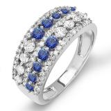1.15 Carat (ctw) 14k White Gold Round Blue Sapphire And White Diamond Ladies Anniversary Wedding Band Ring
