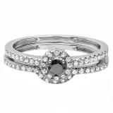 0.45 Carat (ctw) 14k White Gold Round Black And White Diamond Ladies Halo Style Bridal Engagement Ring Matching Band Set