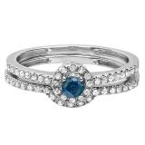 0.45 Carat (ctw) 14k White Gold Round Blue And White Diamond Ladies Halo Style Bridal Engagement Ring Matching Band Set