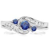 0.50 Carat (ctw) 14k White Gold Round Blue Sapphire And White Diamond Ladies Swirl Bridal Engagement Ring Matching Band Set