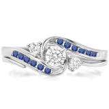 0.50 Carat (ctw) 10k White Gold Round Blue Sapphire And White Diamond Ladies Swirl Bridal Engagement Ring Matching Band Set