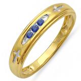 0.15 Carat (ctw) 18K Yellow Gold Plated Sterling Silver 3 Stone Round Blue Sapphire Cross Design Men's Band Ring