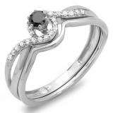 0.25 Carat (ctw) 10k White Gold Round Black And White Diamond Ladies Swirl Crossover Bridal Engagement Ring Matching Band Set 1/4 CT