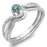 0.25 Carat (ctw) 10k White Gold Round Blue And White Diamond Ladies Swirl Crossover Bridal Engagement Ring Matching Band Set 1/4 CT