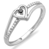 0.10 Carat (ctw) 10k White Gold Round Black And White Diamond Ladies Bridal Promise Heart Split Shank Engagement Ring 1/10 CT
