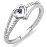 0.10 Carat (ctw) 10k White Gold Round Blue Sapphire And White Diamond Ladies Bridal Promise Heart Split Shank Engagement Ring 1/10 CT
