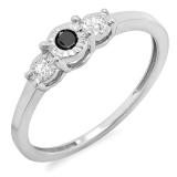 0.20 Carat (ctw) Sterling Silver Round Black And White Diamond Ladies 3 stone Engagement Promise Ring 1/5 CT