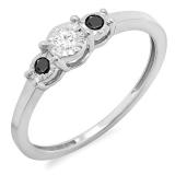 0.20 Carat (ctw) Sterling Silver Round Black And White Diamond Ladies 3 stone Engagement Promise Ring 1/5 CT