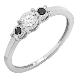 0.20 Carat (ctw) Sterling Silver Round Black And White Diamond Ladies 3 stone Engagement Promise Ring 1/5 CT