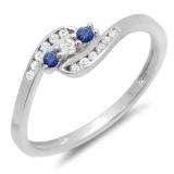 0.25 Carat (ctw) 10K White Gold Round Blue Sapphire And White Diamond Ladies Anniversary Promise Wedding Ring