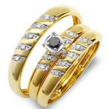 0.08 Carat (ctw) 10K Yellow Gold Round White And Black Diamond Men & Women's Diamond Ring Trio Set