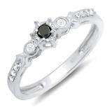 0.20 Carat (ctw) 10k White Gold Round Black And White Diamond 3 Stone Ladies Bridal Engagement Promise Ring 1/5 CT