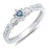 0.20 Carat (ctw) 10k White Gold Round Blue And White Diamond 3 Stone Ladies Bridal Engagement Promise Ring 1/5 CT