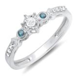 0.20 Carat (ctw) 10k White Gold Round Blue And White Diamond 3 Stone Ladies Bridal Engagement Promise Ring 1/5 CT