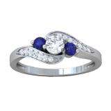 0.75 Carat (ctw) 14k White Gold Round Blue Sapphire And White Diamond Ladies Swirl Engagement 3 Stone Bridal Ring 3/4 CT