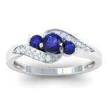 0.75 Carat (ctw) 18k White Gold Round Blue Sapphire And White Diamond Ladies Swirl Engagement 3 Stone Bridal Ring 3/4 CT