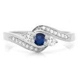 1.00 Carat (ctw) 14k White Gold Round Blue Sapphire And White Diamond Ladies Swirl Engagement 3 Stone Bridal Ring 1 CT