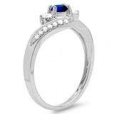 1.00 Carat (ctw) 14k White Gold Round Blue Sapphire And White Diamond Ladies Swirl Engagement 3 Stone Bridal Ring 1 CT