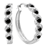 0.86 Carat (ctw) Sterling Silver Black and White Round Diamond Ladies Hoop Earrings