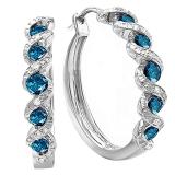 0.86 Carat (ctw) Sterling Silver Blue and White Round Diamond Ladies Hoop Earrings