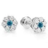 0.40 Carat (ctw) 10K White Gold Round Cut White & Blue Diamond Ladies Cluster Flower Stud Earrings