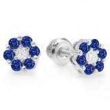 0.40 Carat (ctw) 10K White Gold Round Cut White Diamond & Blue Sapphire Ladies Cluster Flower Stud Earrings