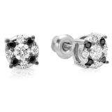 0.33 Carat (ctw) 10K White Gold Round Cut Black & White Diamond Round Shape Cluster Earrings 1/3 CT Look of 1 CT