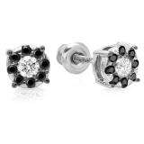 0.33 Carat (ctw) 14K White Gold Round Cut Black & White Diamond Round Shape Cluster Earrings 1/3 CT Look of 1 CT