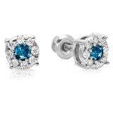 0.33 Carat (ctw) 14K White Gold Round Cut Blue & White Diamond Round Shape Cluster Earrings 1/3 CT Look of 1 CT