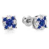 0.33 Carat (ctw) 14K White Gold Round Cut Blue Sapphire & White Diamond Round Shape Cluster Earrings 1/3 CT Look of 1 CT