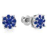 0.33 Carat (ctw) 14K White Gold Round Cut Blue Sapphire Round Shape Cluster Earrings 1/3 CT Look of 1 CT