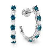 0.35 Carat (ctw) 10K White Gold Round Blue & White Diamonds Ladies Fancy J Shaped Hoop Earrings 1/3 CT