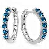 0.33 Carat (ctw) 14k White Gold Round Blue Diamond Ladies Huggies Hoop Earrings 1/3 CT