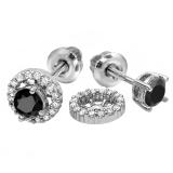 1.10 Carat (ctw) 14k White Gold Round Black & White Diamond Ladies Halo Stud Earrings With Removable Jackets 1 1/10 CT