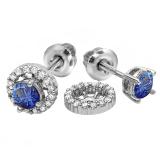 1.10 Carat (ctw) 10k White Gold Round Blue Sapphire & White Diamond Ladies Halo Stud Earrings With Removable Jackets 1 1/10 CT