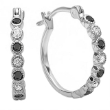 0.25 Carat (ctw) 10K White Gold Round White & Black Diamond Ladies Fine Dainty Hoop Earrings 1/4 CT