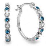 0.25 Carat (ctw) 10K White Gold Round White & Blue Diamond Ladies Fine Dainty Hoop Earrings 1/4 CT