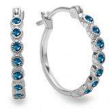0.25 Carat (ctw) 10K White Gold Round Blue Diamond Ladies Fine Dainty Hoop Earrings 1/4 CT