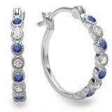 0.25 Carat (ctw) 10K White Gold Round White Diamond & Blue Sapphire Ladies Fine Dainty Hoop Earrings 1/4 CT