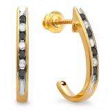 0.25 Carat (ctw) 10K Yellow Gold Round Black & White Diamond Ladies Fancy J Shaped Hoop Earrings 1/4 CT