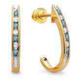 0.25 Carat (ctw) 10K Yellow Gold Round Blue & White Diamond Ladies Fancy J Shaped Hoop Earrings 1/4 CT