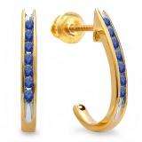 0.25 Carat (ctw) 18K Yellow Gold Round Blue Sapphire Ladies Fancy J Shaped Hoop Earrings 1/4 CT