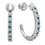 0.25 Carat (ctw) Sterling Silver Round Blue Diamond Ladies Hoop Earrings 1/4 CT