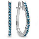 0.25 Carat (ctw) 14K White Gold Round Blue Diamond Ladies Hoop Earrings 1/4 CT