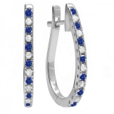 0.25 Carat (ctw) 14K White Gold Round Blue Sapphire & White Diamond Ladies Hoop Earrings 1/4 CT