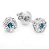 0.20 Carat (ctw) 14k White Gold Round White & Blue Diamond Ladies Cluster Flower Earrings 1/5 CT
