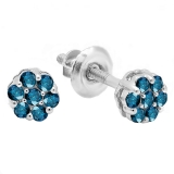 0.20 Carat (ctw) 14k White Gold Round Blue Diamond Ladies Cluster Flower Earrings 1/5 CT