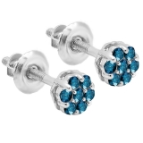 0.20 Carat (ctw) 14k White Gold Round Blue Diamond Ladies Cluster Flower Earrings 1/5 CT