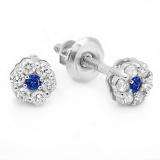 0.20 Carat (ctw) 14k White Gold Round White Diamond & Blue Sapphire Ladies Cluster Flower Earrings 1/5 CT